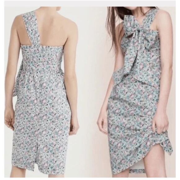 J Crew Liberty of London Dress 6 One Shoulder Bow Cotton Floral Lined Sheath NEW - Picture 2 of 10